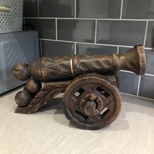 Vintage Large Ornamental Fireside Carved Wood Cannon. 17 inch Long. 10 inch Tall