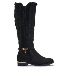 LADIES WOMENS FUR FASHION BUCKLE KNEE HIGH STRETCH CALF LEG ZIP FLAT BOOTS SIZE