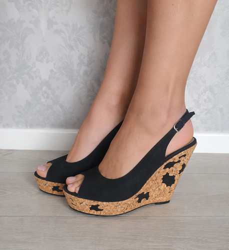 Black cork wedge sandals - black, women