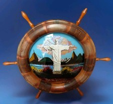 VINTAGE SHIPS WHEEL WALL PLAQUE BUTTERFLY WINGS HAND PAINTED RIO DE JANEIRO WOOD
