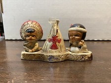 Vtg American Indian Salt And Pepper Shakers With TeePee Tray Toothpick Holder