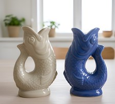Pair of Vintage Wade England “Gluggle Jug” Fish Pitchers – Cobalt Blue & Grey
