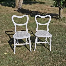 Pair 2 Victorian Beech Dining Chairs Cane Wicker Shabby White Balloon Back LINCS