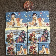 Vintage Set 4 Christmas Place Mats & Matching Coasters Well Loved Cork Backs