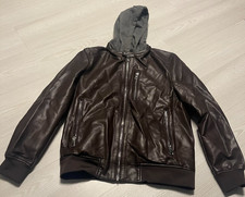 Zara Bomber Jacket Mens Large Brown Faux Leather Hooded Double Zip