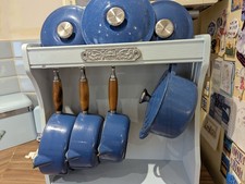 LE CREUSET WOODEN PAN STAND PAINTED IN LAURA ASHLEY SEASPRAY BLUE