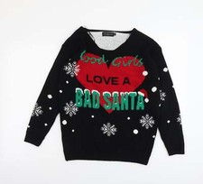 Pura Moda Womens Black V-Neck Acrylic Blend Jumper Size S - Bad Santa Christm