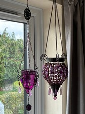 Moroccan style metal & beaded hanging candle holders/ lanterns, purple
