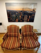 Pair of French Bergree Armchairs, with Two Bergree Footstools & cushions (1920s)