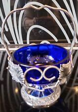 Vintage Cobalt Blue Glass Jam, Sugar Bowl/dish. In Chrome Wire Basket. Made...