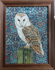 Original Large wild Barn Owl picture painting William Morris art Nouveau fabric 