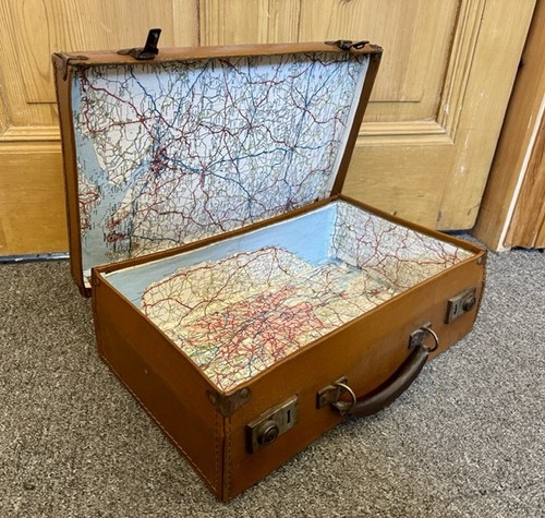 Vintage decoupage map suitcase - vintage,