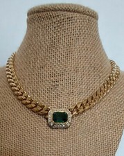 VINTAGE  M V  Vellano Emerald Color Stone & Clear Stones Halo GoldTone Necklace 