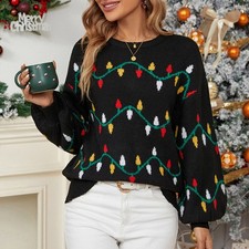 Women Chunky Knitted Christmas Jumper Pullover XMAS Party Lights Sweater Tops 79