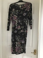Warehouse Grey Pink & Green Floral Print Stretchy Side Ruche Dress Size 10 - 12