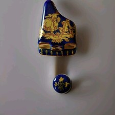 LIMOGES FRANCE 22K GOLD PAINTED COBALT BLUE MINI FIGURINE GRAND PIANO AND STOOL