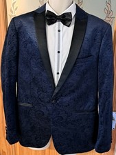 MARC DARCY SIMON MENS SLIM FIT NAVY BLUE PAISLEY TUXEDO SUIT JACKET 42R +BOW TIE