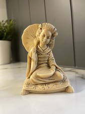 Resin Ivory Effect Sitting Japanese Geisha Girl With Parasol & Tray Figurine
