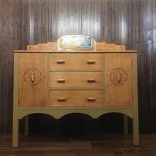 Green vintage sideboard, 1930s oak buffet/credenza storage