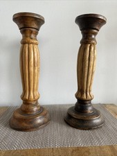Two Lombok Wooden Candle Holders Hand Carved, Tall 36cm