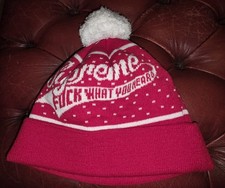 Supreme Cuffed Pompom Bobble Beanie Hat Red & White F#ck What You Heard Rare