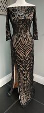 Quiz Black Sequin Ballgown Bardot Maxi Art Deco Evening Party Prom Dress Size 8