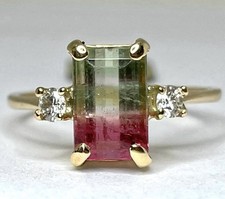 Vintage 18ct Gold Square Cut Watermelon Tourmaline Quartz Diamond Ring 1988 M1/2