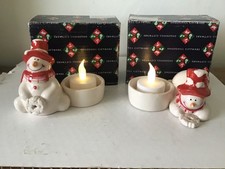 Vintage Shudehill Giftware Jolly Snowflake Snowman Pair Of Tea Light Holders