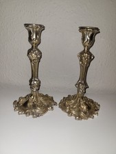 Antique Silver Plated On Brass Pair Of Rococo Style Candlestick