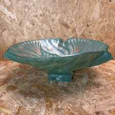 Vintage Ann Wood Green Gold Art Glass Large Footed Bowl Dish Compote