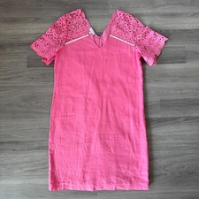 Escada Linen Dress Womens Medium Pink Broderie Sleeve 100% Linen Lagenlook Boho 