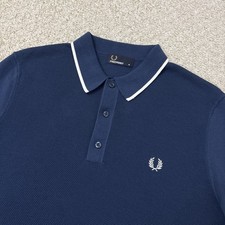 Fred Perry Knitted Polo Shirt Blue White Short Sleeve Mens Medium Mod 60s Ska