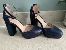 Faith Navy Shimmery Block Heel Platform 2-Part Shoes with Leather lining UK4/37