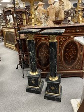 Pair of French Empire Dark Green Marble & Ormalu Columns Plant Stand Jardinières