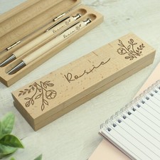 Personalised Floral Wooden Pen and Pencil Set | Custom Engraved Gift