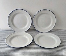4 Vintage Classic Enamel Side Plates White With Blue Rim 22cm Rustic Kitchenalia