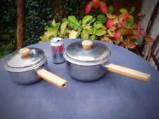 2 Vintage Prestige First Choice Copper Bottomed Wooden Handled Saucepans & Lids