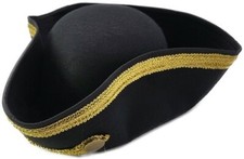 Tricorn Hat Black Gold Nautical Pirate Fancy Dress Costume Admiral Headwear New