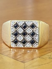 Gents 9ct Gold Sapphire & Diamond Grid Signet Ring ~Size V ~ 6g~ DIA Stamp ~ Fab
