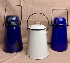 2 x Vintage 1950's French Blue Enamel Billy Cans & 1 x White Enamel Milk Pail