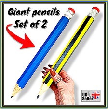 GIANT PENCILS  ( SET OF 2 ) FUN NOVELTY GIFT UK STOCK REAL WOOD ( BLUE -YELLOW )
