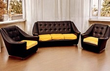 Black Mid Century 3 Seater Settee Sofa & 2 Matching Armchairs.