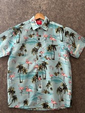 Lowes Men’s Shirt Size S Blue Hawaiian Flamingo Polyester Short Sleeve Casual