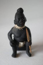 Vintage Tribal Figurine – Handcrafted Clay & Fibre Seated Figure with Spear 1950