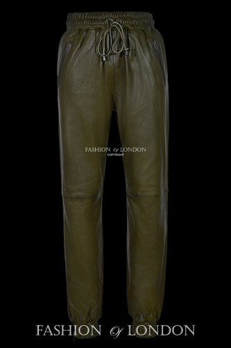 Men leather trouser olive - leather,