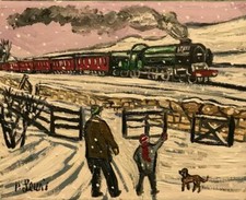 Original Northern Art Oil Painting Phil Lewis Snowy Steam Train Spotting 10"X8"