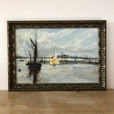 Vintage Nautical Estuary Coastal Impressionist Oil Painting