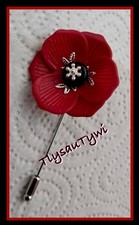 PoppyFlower Remembrance  Safety-end Pin Brooch..Handcrafted...Wooden Centre..
