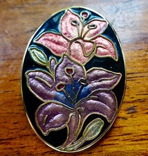 vintage pink purple cloisonne enamel lily flower oval brooch -169