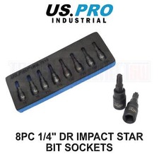 US PRO INDUSTRIAL 1/4" Drive Impact Star Torx Bit Socket Set 8pc T6 - T30 7519